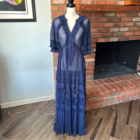 Self-Portrait Ruffled Lace Maxi Dress in Blue Sz 2 - Picture 4 of 15